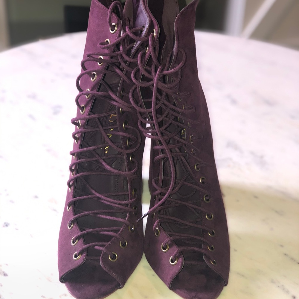 Brand new plum colored lace up, chunky heel bootie